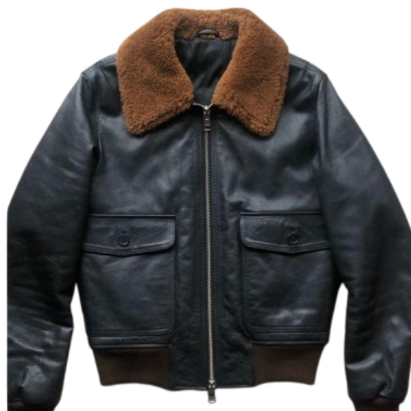 Black Leather Bomber Jacket with Shearling Aviator Collar