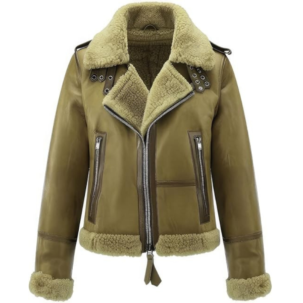 Women’s Olive Green Real Sheepskin Shearling Fur Lined Aviator Jacket