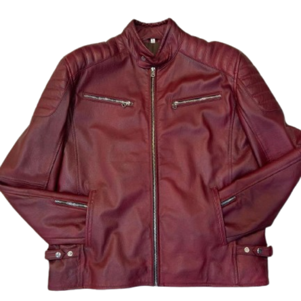 Maroon Stand Collar Leather Jacket