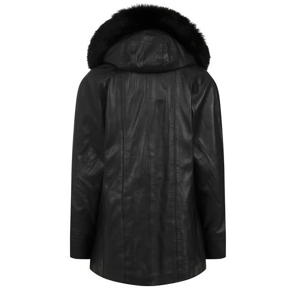 Womens Quality Black Leather Hooded Coat