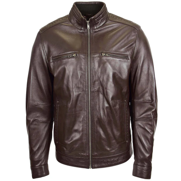 Men's Brown Standing Collar Leather Jacket