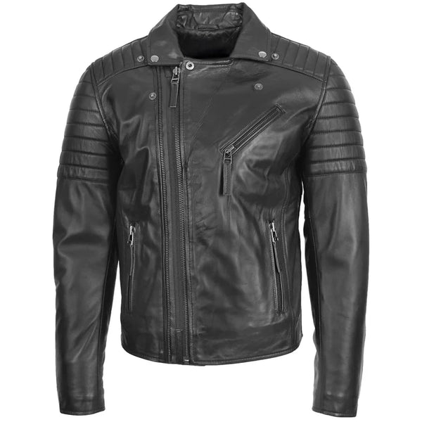 Mens Biker Leather Jacket Dual Zip Hook Black