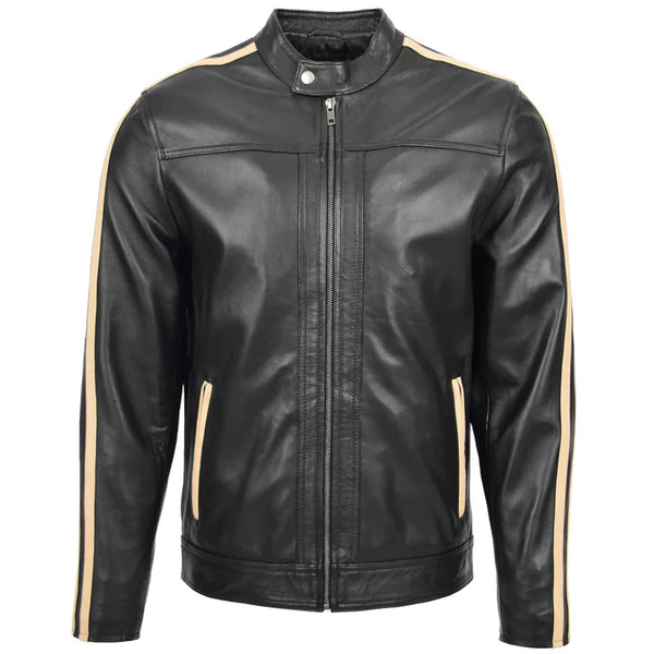 Mens Leather Biker Jacket with Racing Stripes