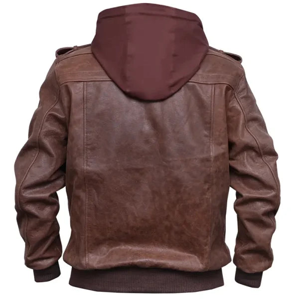 Distressed Leather Brown Bomber Hooded Jacket