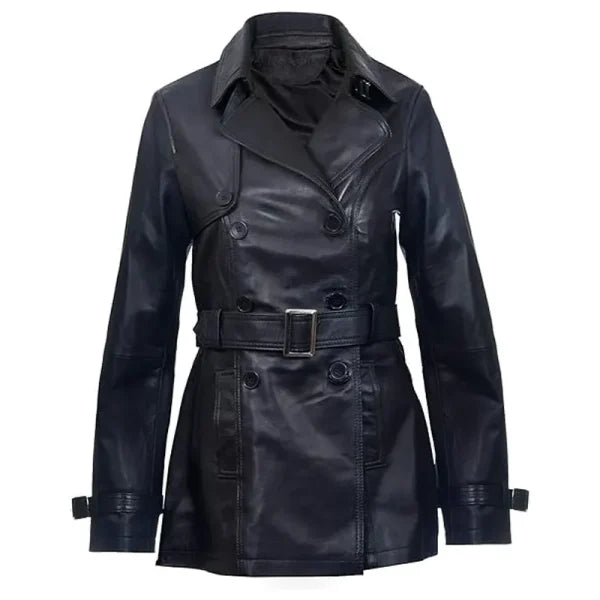 Womens Black Mid Length Leather Overcoat