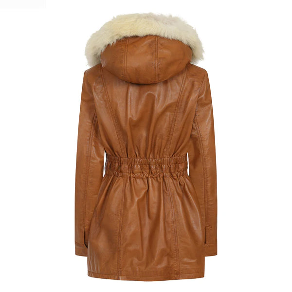 Womens Detachable Hooded Leather Brown Coat