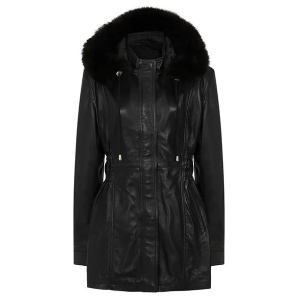 Womens Detachable Fur Trimmed Hood Black Real Leather Coat