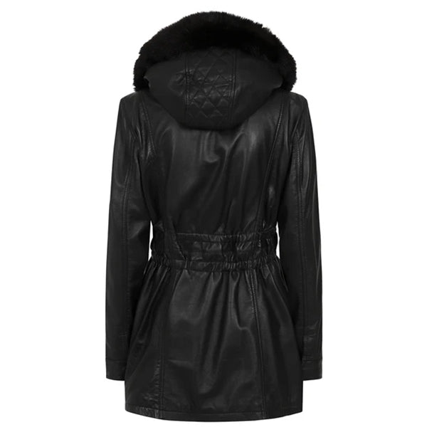 Womens Detachable Fur Trimmed Hood Black Real Leather Coat