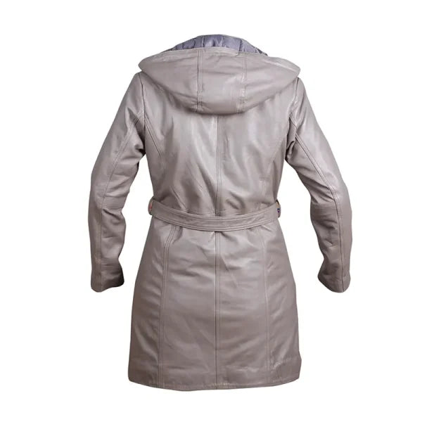 Women’s Grey Hooded Leather Overcoat With Belt