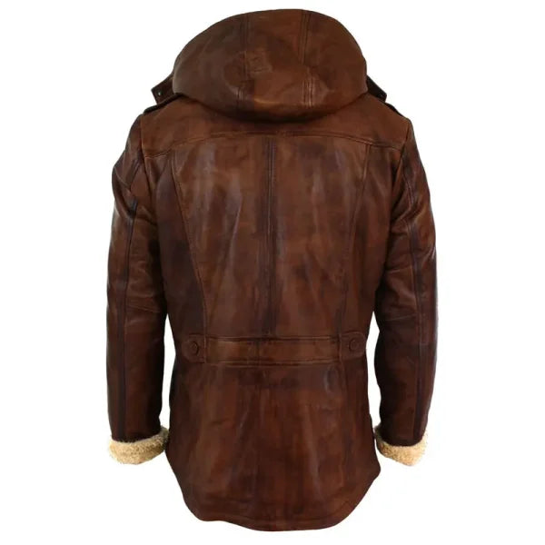 Dark Brown Leather Hooded Overcoat