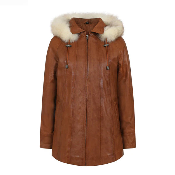 Womens Hooded Leather Brown Coat