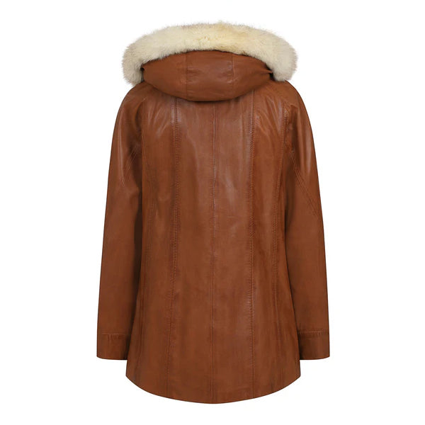 Womens Hooded Leather Brown Coat