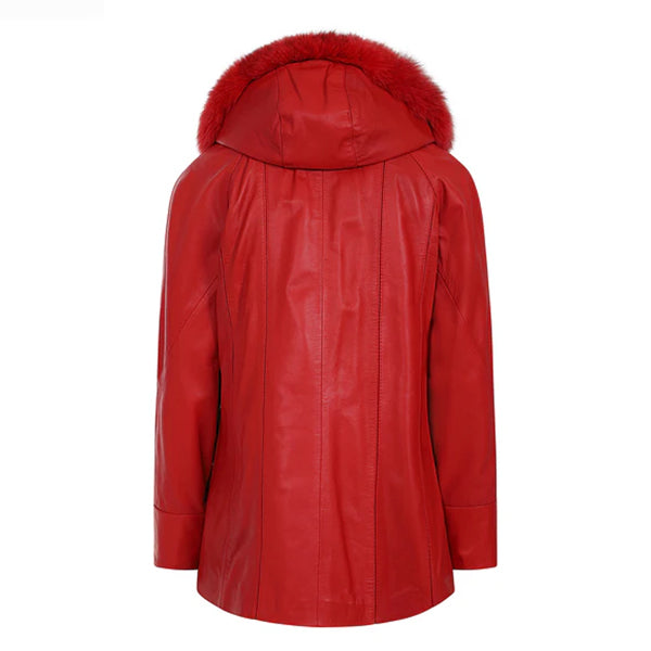 Womens Quality Red On Red Leather Hip Length Coat