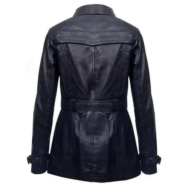 Womens Black Mid Length Leather Overcoat