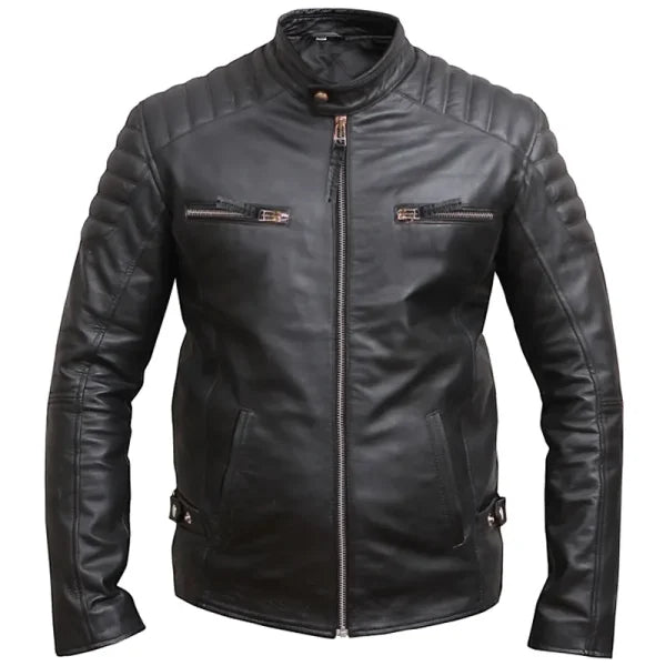 Black Distressed Leather Biker Motorcycle Jacket