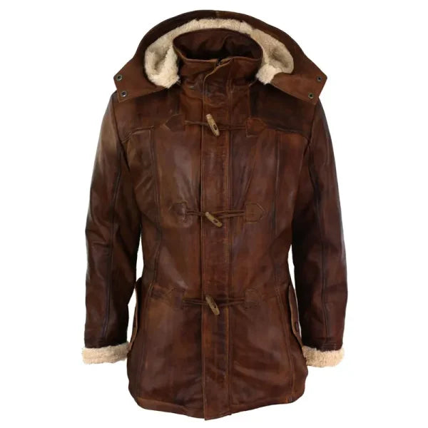 Dark Brown Leather Hooded Overcoat