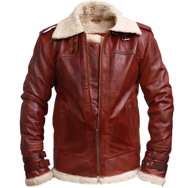 Shearling Stand Collar Real Leather Jacket