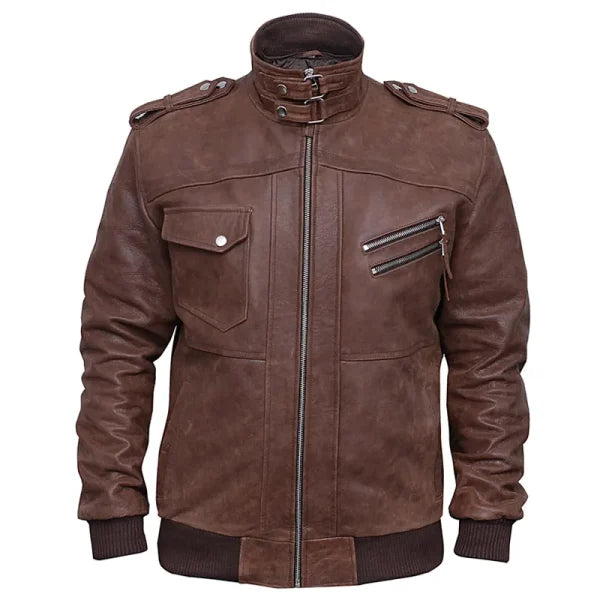 Distressed Leather Brown Bomber Hooded Jacket