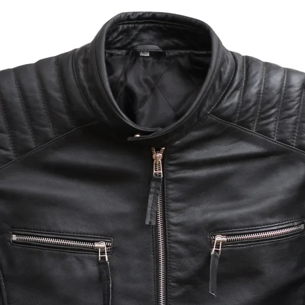 Black Distressed Leather Biker Motorcycle Jacket