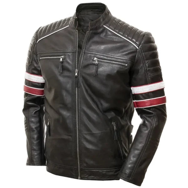 Racing Biker Stripes Real Leather Casual Fit Jacket