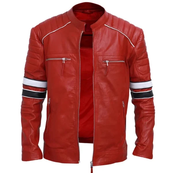 Cafe Racer Red Striped Leather Jacket