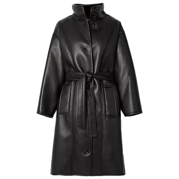 Stylish Knee Length Leather Overcoat