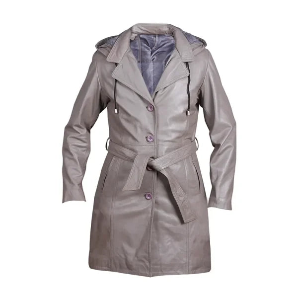 Women’s Grey Hooded Leather Overcoat With Belt