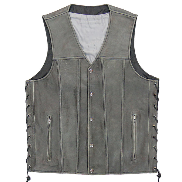 Rub-Off Grey 'Side Lace' Leather Biker Vest