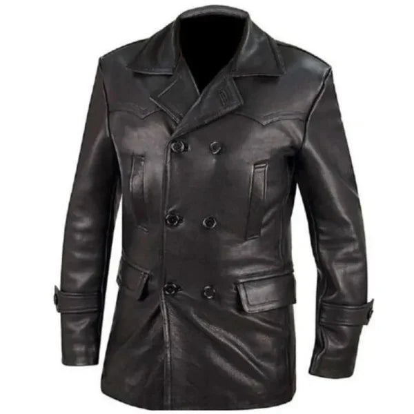 Vintage Style Black Leather Overcoat