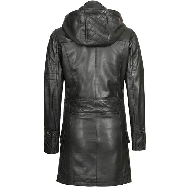 Womens Black Hooded Leather Coat