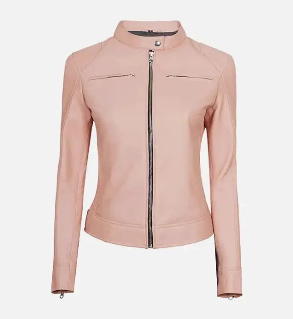 Women’s Light Pink Cafe Racer Leather Jacket