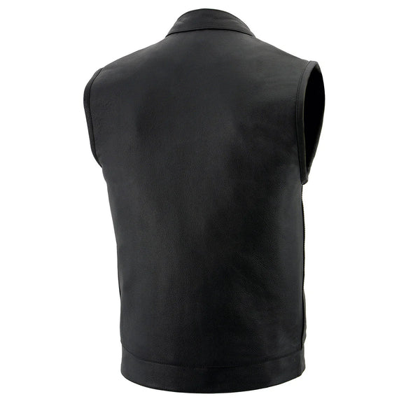 Men's Black Leather Vest W/ Dual Closure Zipper and Snaps