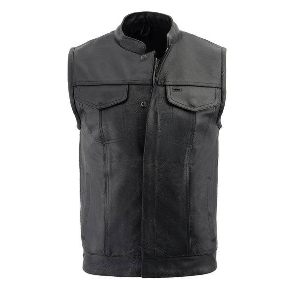 Men's Black Leather Vest W/ Dual Closure Zipper and Snaps