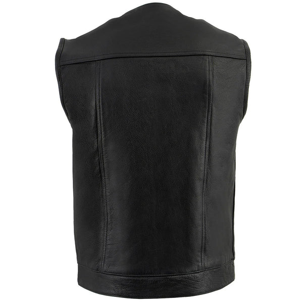 Men's Black Leather Collarless Club Style Vest