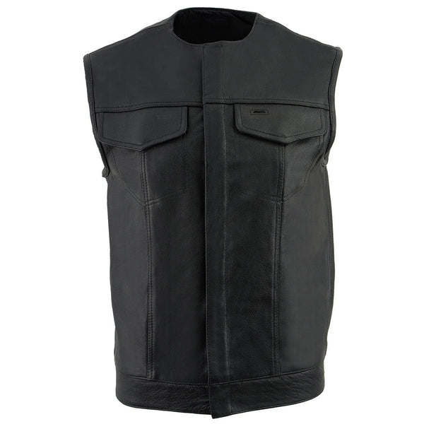 Men's Black Leather Collarless Club Style Vest