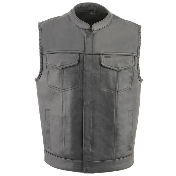 Men's Black Premium Leather Vest - Old Glory Laced Armholes Black Stitching