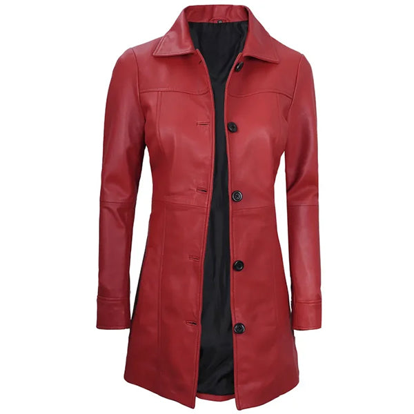 Womens Hot Red Leather Coat