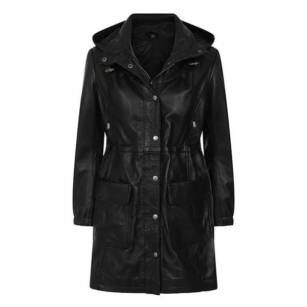 Womens Black Leather Duffle Coat