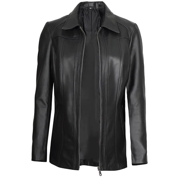 Womens Black 3/4 Length Leather Coat