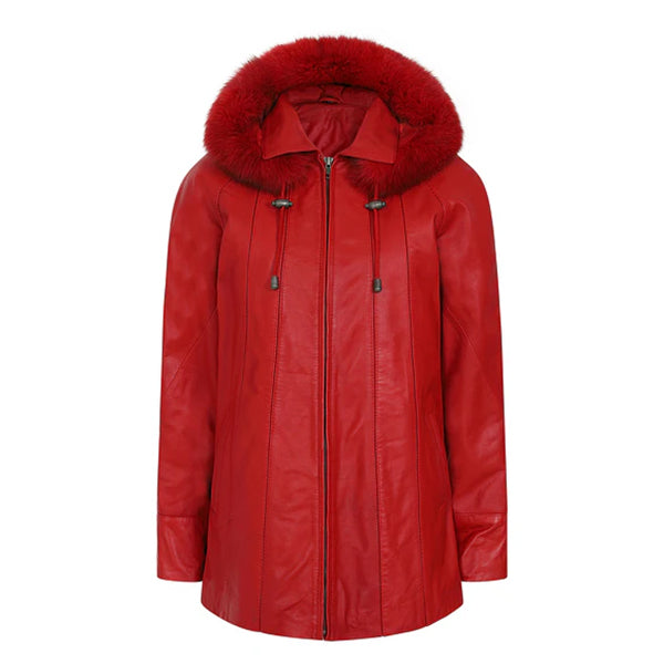 Womens Quality Red On Red Leather Hip Length Coat