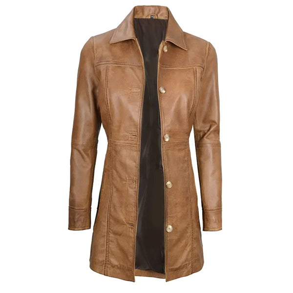 Womens Camel Brown Leather Coat