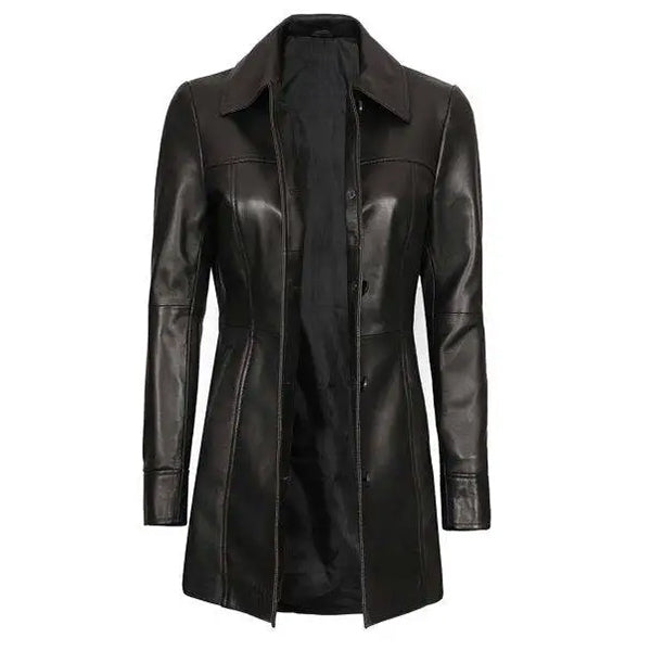 Womens Three Quarter Length Black Leather Coat