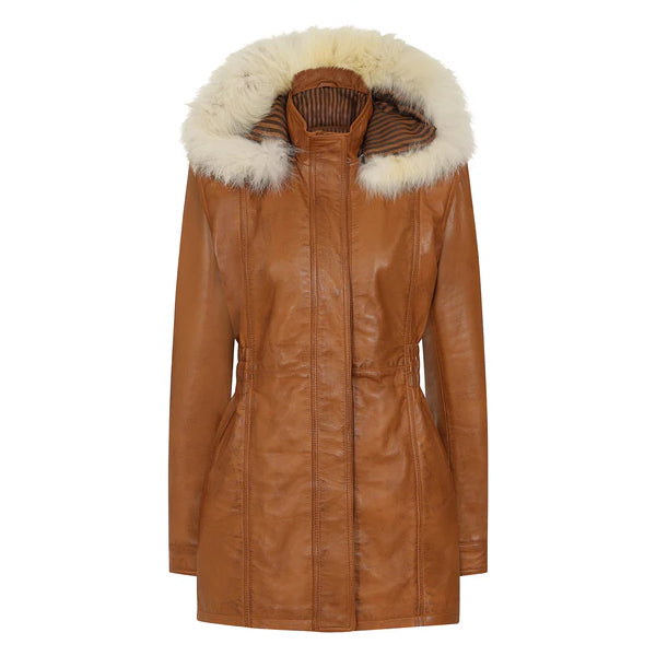 Womens Detachable Hooded Leather Brown Coat