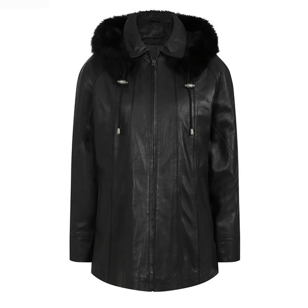 Womens Quality Black Leather Hooded Coat