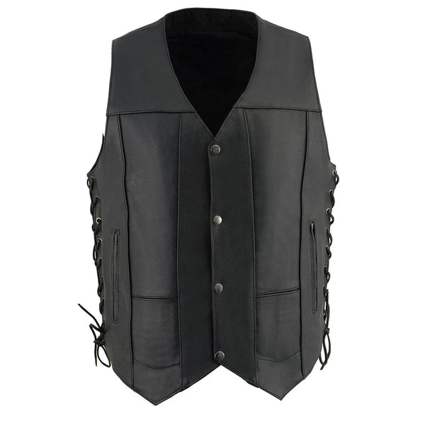 Men's Black Leather 10 Pocket V-Neck Vest