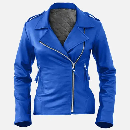 Women Blue Biker Leather Jacket