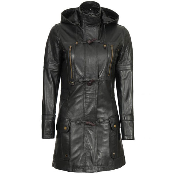 Womens Black Hooded Leather Coat