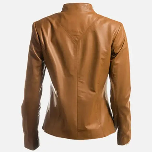 Women’s Tan Plain Short Zipped Leather Jacket