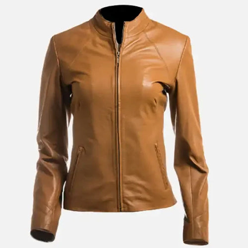 Women’s Tan Plain Short Zipped Leather Jacket