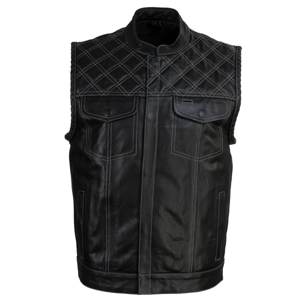 Men's Black Leather Motorcycle Vest Stars and Stripes Design